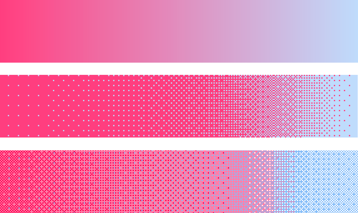 Coloured gradient (top), the hue-only dithered version (middle), and hue-lightness dithering (bottom)